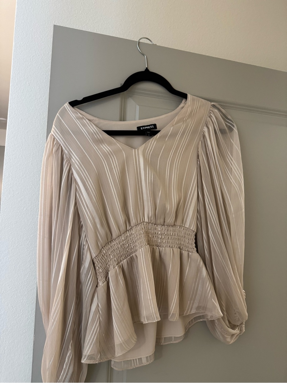 Express Beige Cream Striped Peplum Blouse
